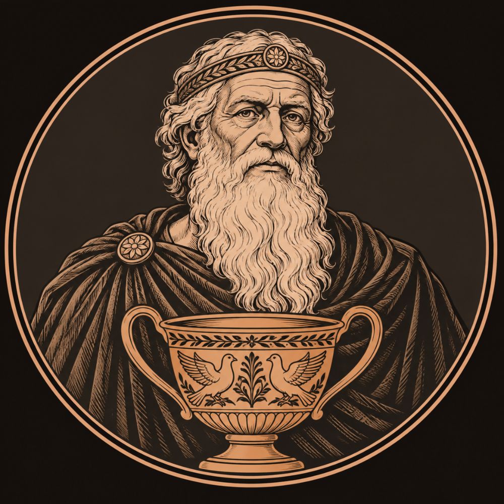 Engraved bronze medallion of Nestor, the aged king of Pylos with a long white beard, his two-handled bronze cup decorated with doves before him