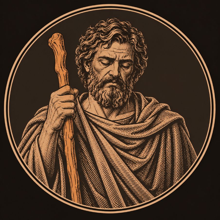 Engraved bronze medallion of the blinded Oedipus, an older bearded man with closed eyes, gripping the walking staff Tiresias foretold