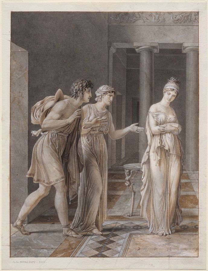 The Meeting of Orestes and Hermione. France, early 19th Century, c. 1800, pen and brown and black ink, point of brush and brown and gray wash, with black chalk and graphite, heightened with white gouache, on cream wove paper