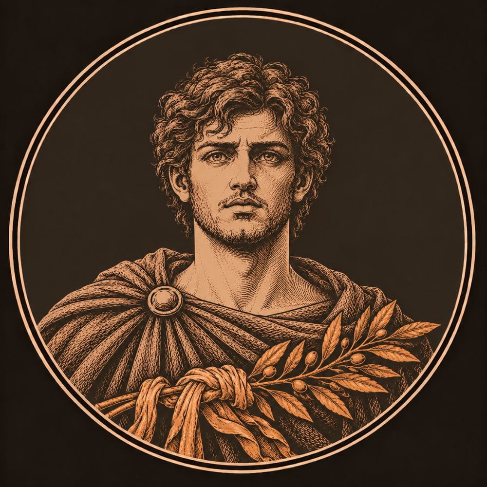 Engraved bronze medallion of Orestes, a haunted young man with a short beard, a suppliant's bronze olive branch wound with wool before him