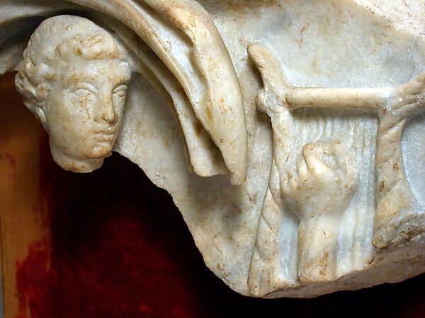 Marble sarcophagus fragment of "The Judgement of Paris". Roman, ca. 3rd century CE, Marble