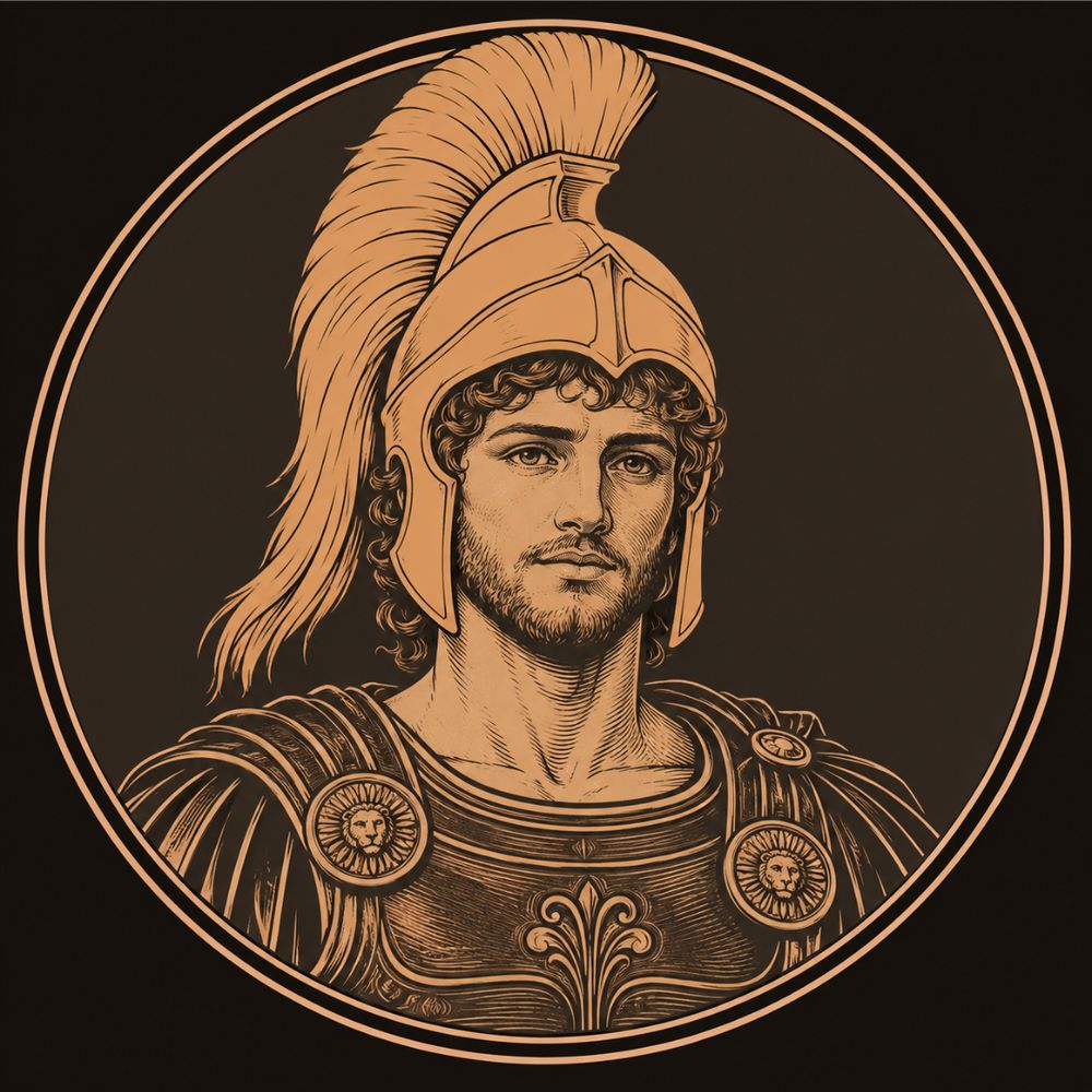 Engraved bronze medallion of Patroclus, a young bearded warrior in a cuirass, wearing the tall crested helmet of Achilles