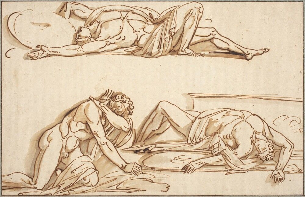 Achilles and Patroclus. Philippe-Auguste Hennequin, 1784/1789, pen and brown ink with brown and brown-gray wash on laid paper