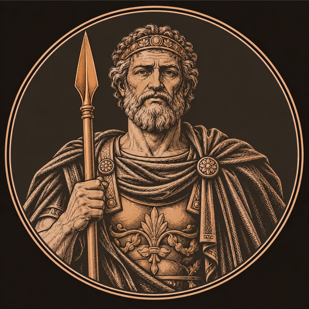 Engraved bronze medallion of Peleus, king of the Myrmidons, a bearded man in a diadem and cuirass holding a long ash spear