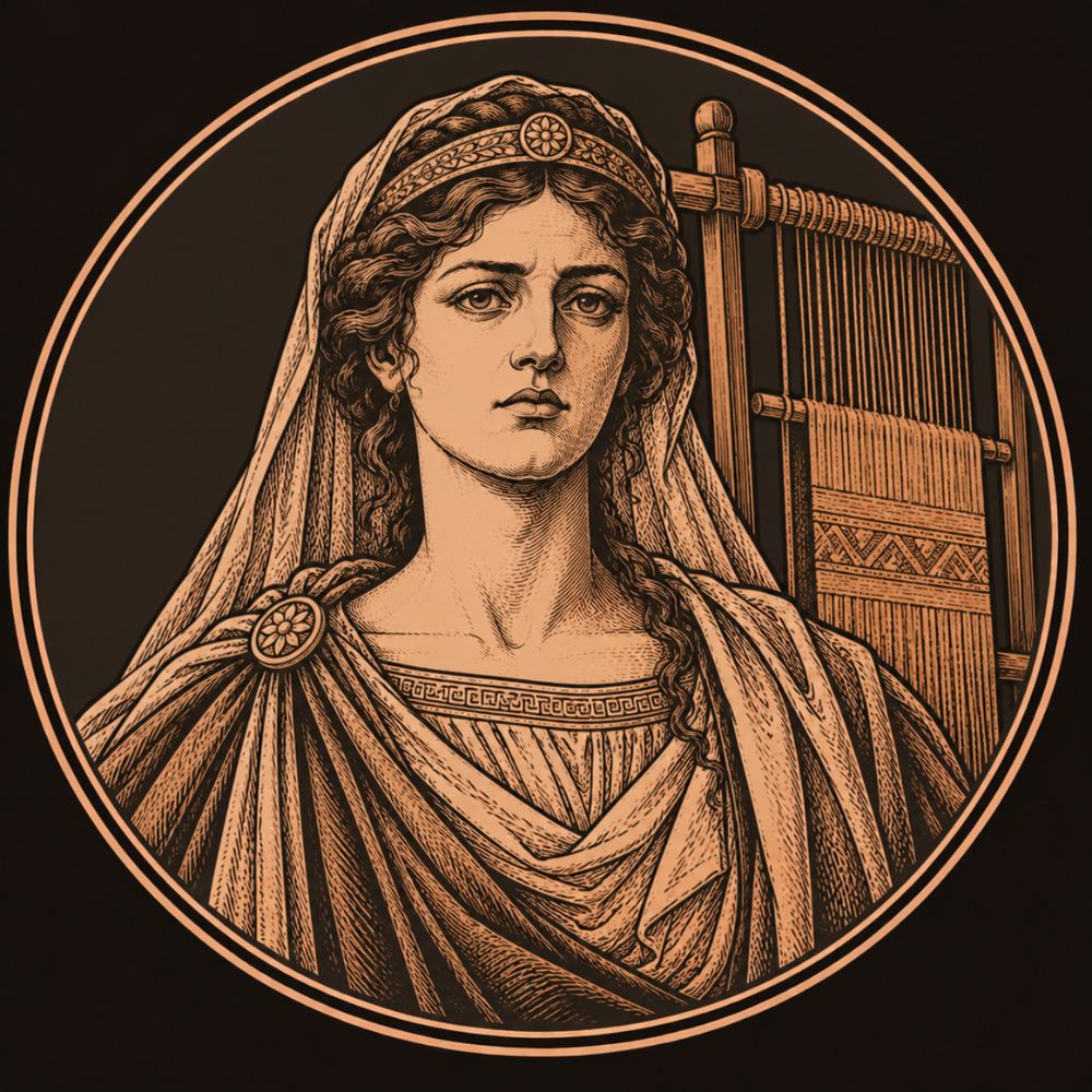 Engraved bronze medallion of Penelope, a composed veiled queen of Ithaca, the bronze frame of her loom with a half-woven cloth behind her