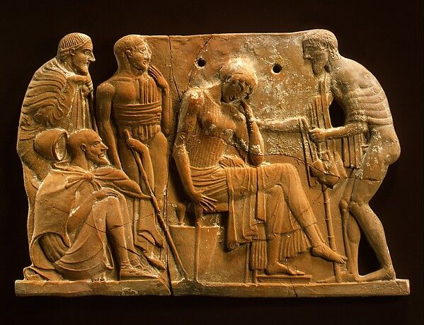 Melian terracotta relief of the return of Odysseus: a woman sits mourning with her head on her hand as a ragged bearded stranger approaches, ca. 460 to 450 BCE