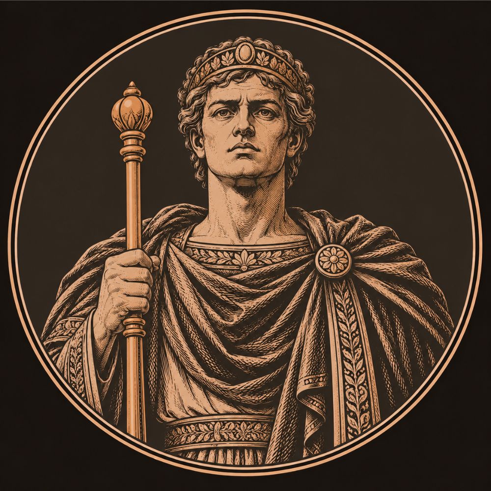 Engraved bronze medallion of Pentheus, the young king of Thebes, a stern beardless youth in a diadem holding a royal sceptre