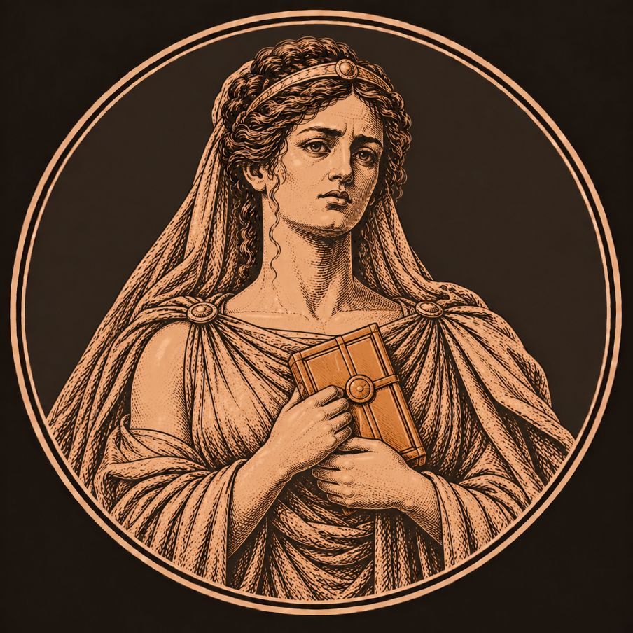 Engraved bronze medallion of Phaedra, a veiled young queen with a troubled expression, holding a sealed writing tablet to her chest