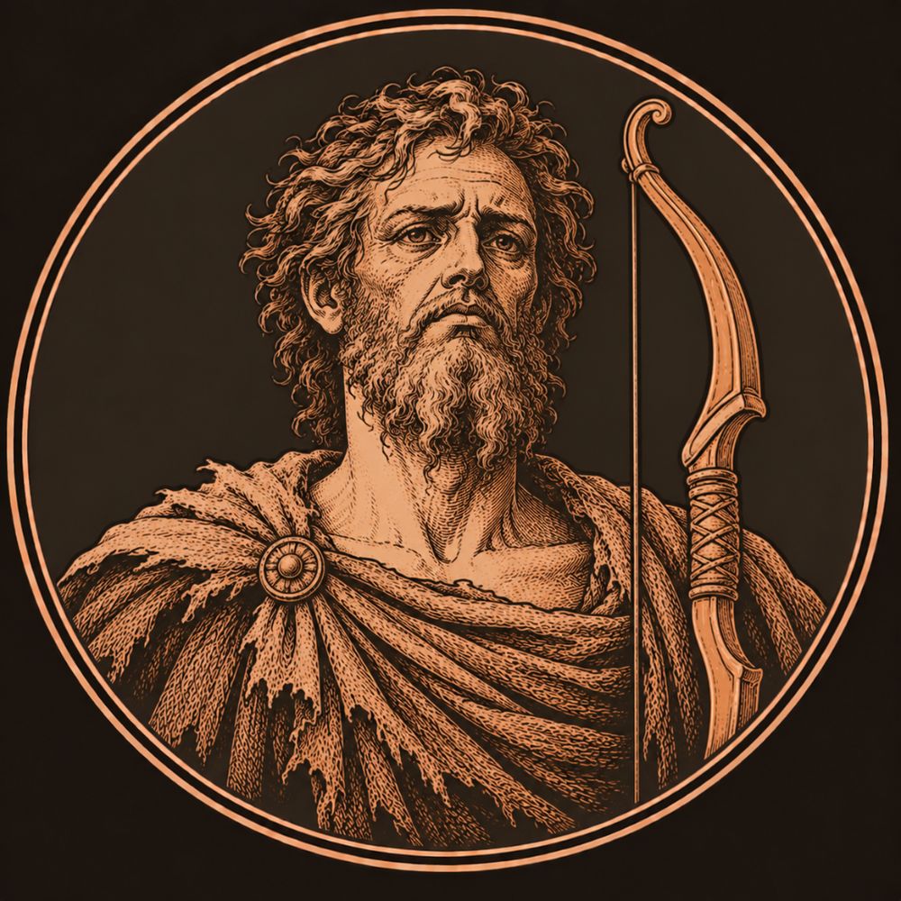 Engraved bronze medallion of Philoctetes, a gaunt, unkempt bearded man in a ragged cloak, the bronze bow of Heracles upright beside him