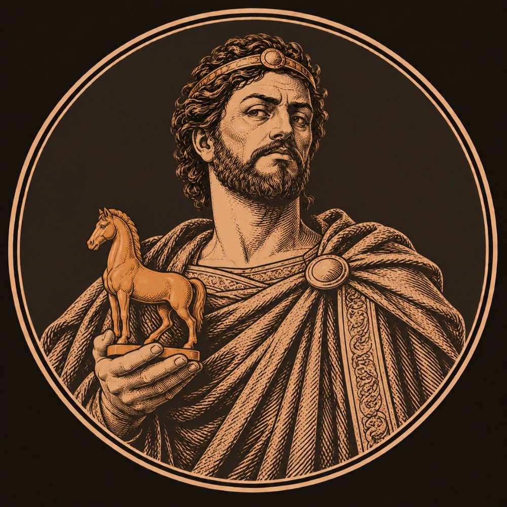 Engraved bronze medallion of Polydectes, king of Seriphos, a bearded man with a sidelong look holding a small horse figurine for the gift he demanded