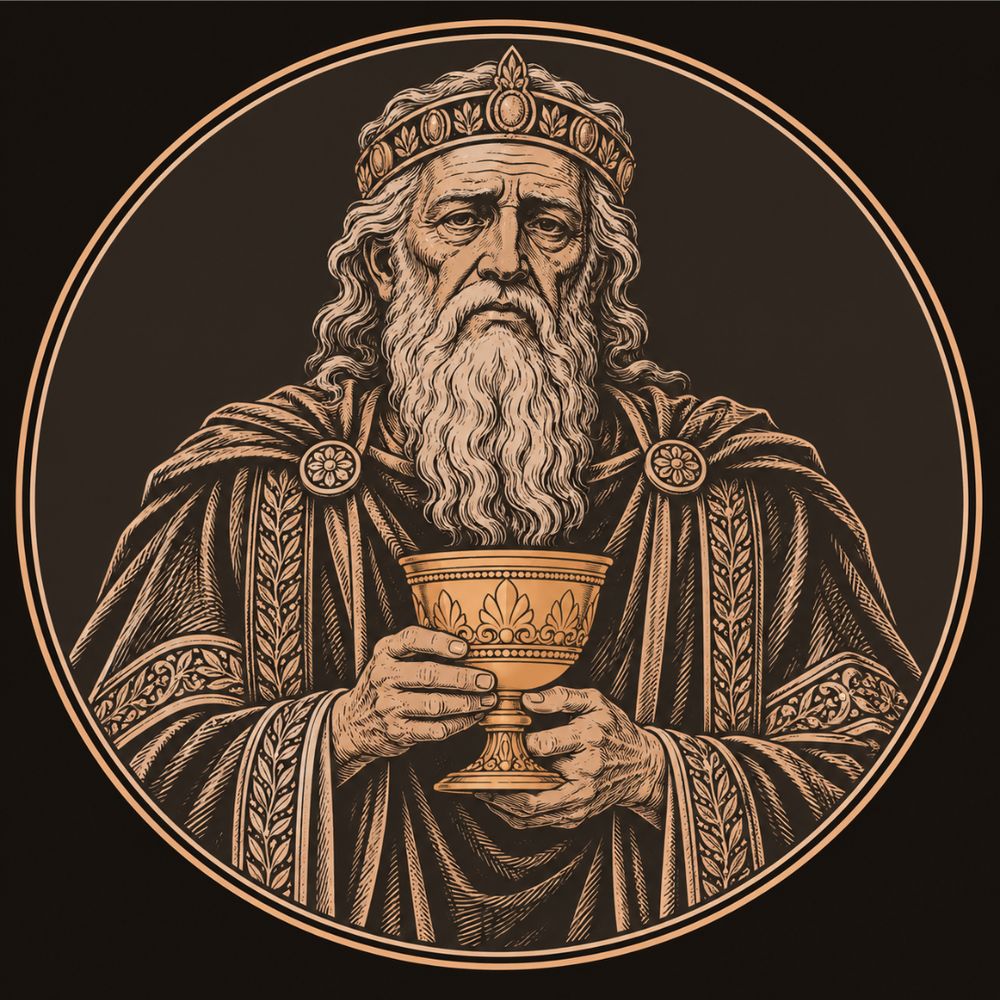 Engraved bronze medallion of Priam, the aged king of Troy, a grey-bearded man in a diadem holding a golden goblet from Hector's ransom