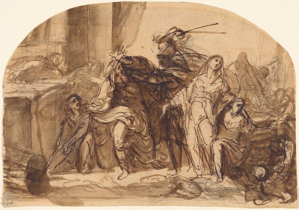 The Death of Priam. Michael Lukas Leopold Willmann, c. 1660, pen and brown ink with brown washes over graphite on tan laid paper