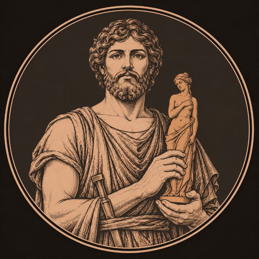 A bearded sculptor with a chisel at his belt holds a small carved ivory statue of a woman