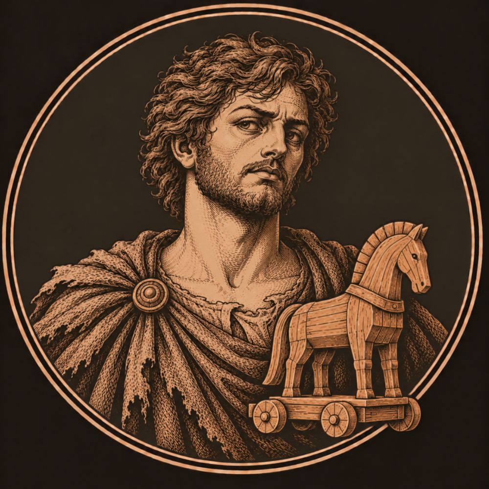 Engraved bronze medallion of Sinon, a wary young man in a torn cloak glancing sideways, with a small wooden horse on wheels beside him
