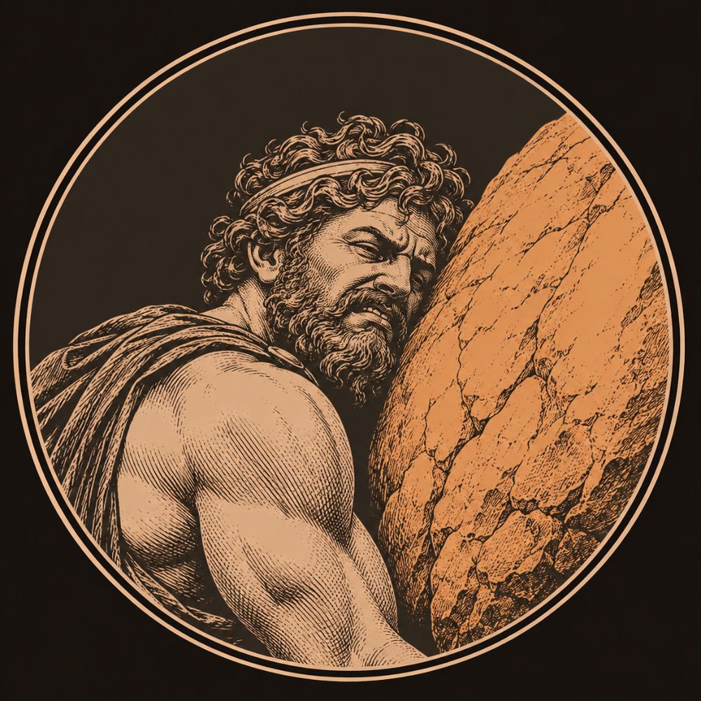 Engraved bronze medallion of Sisyphus, a bearded, straining king pressing his cheek and shoulder against a huge bronze boulder