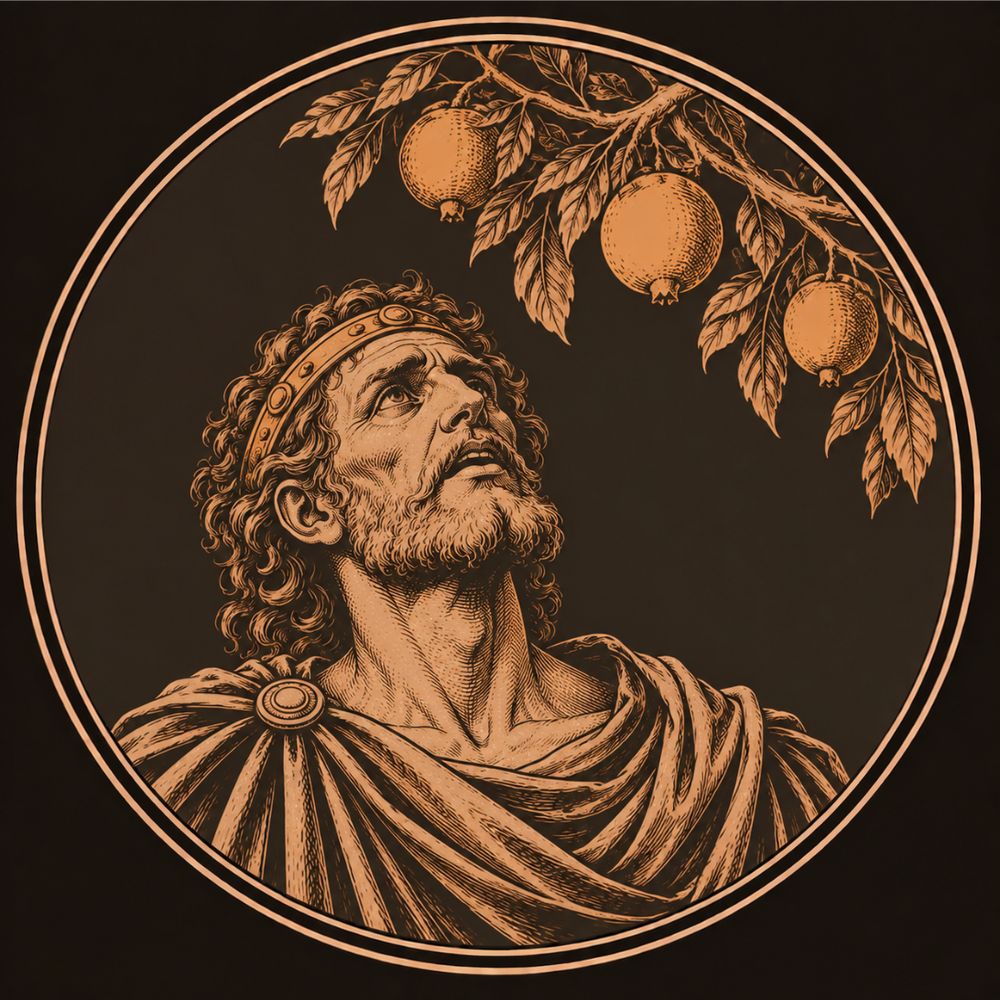 Engraved bronze medallion of Tantalus, a gaunt bearded king in a fillet, gazing up at a bronze branch of fruit hanging just out of reach