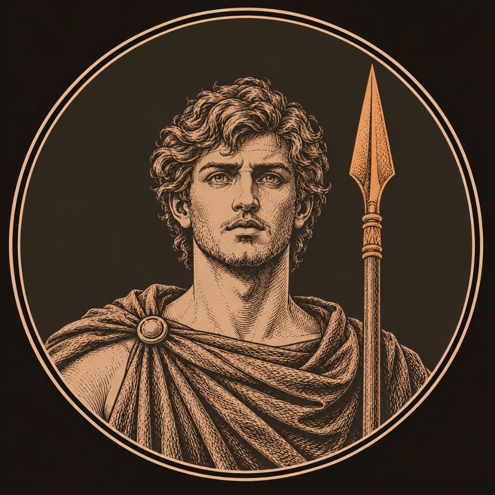 Engraved bronze medallion of Telemachus, a young man with a first beard and a traveller's cloak, a bronze-tipped spear upright beside him