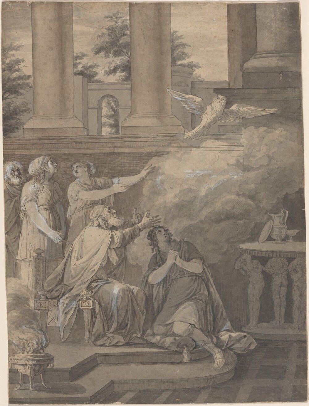 Pallas Athene in the Form of a Bird Leaving Nestor and Telemachus. Jean-Jacques-François Le Barbier I, c. 1780, pen and black ink with gray and brown washes over graphite, heightened with white, on laid paper