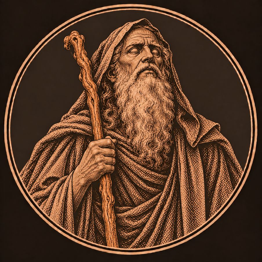 Engraved bronze medallion of Tiresias, the blind Theban prophet, an old white-bearded man with closed eyes gripping a tall staff