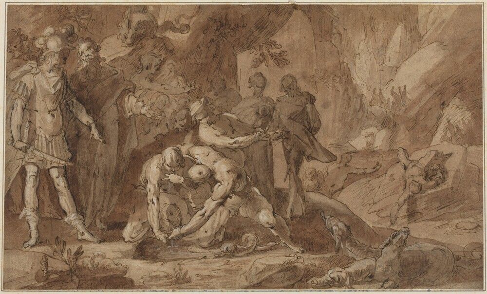 Odysseus and Teiresias. Gerrit Pietersz Sweelinck, pen and brown ink with brown wash, heightened with white, over black chalk on laid paper