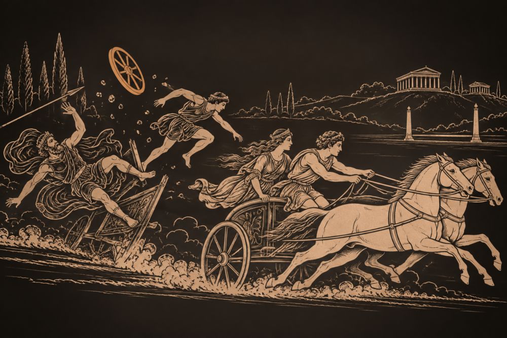 Pelops drives his team at a gallop with Hippodamia beside him as King Oenomaus is flung from his chariot, a wheel flying loose and the charioteer Myrtilus leaping clear