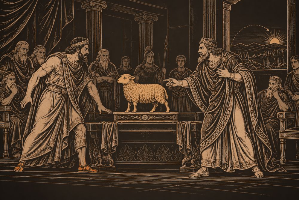 In the hall of Mycenae the brothers Atreus and Thyestes argue across a golden-fleeced lamb on a stand, as elders watch and the sun turns back in the window