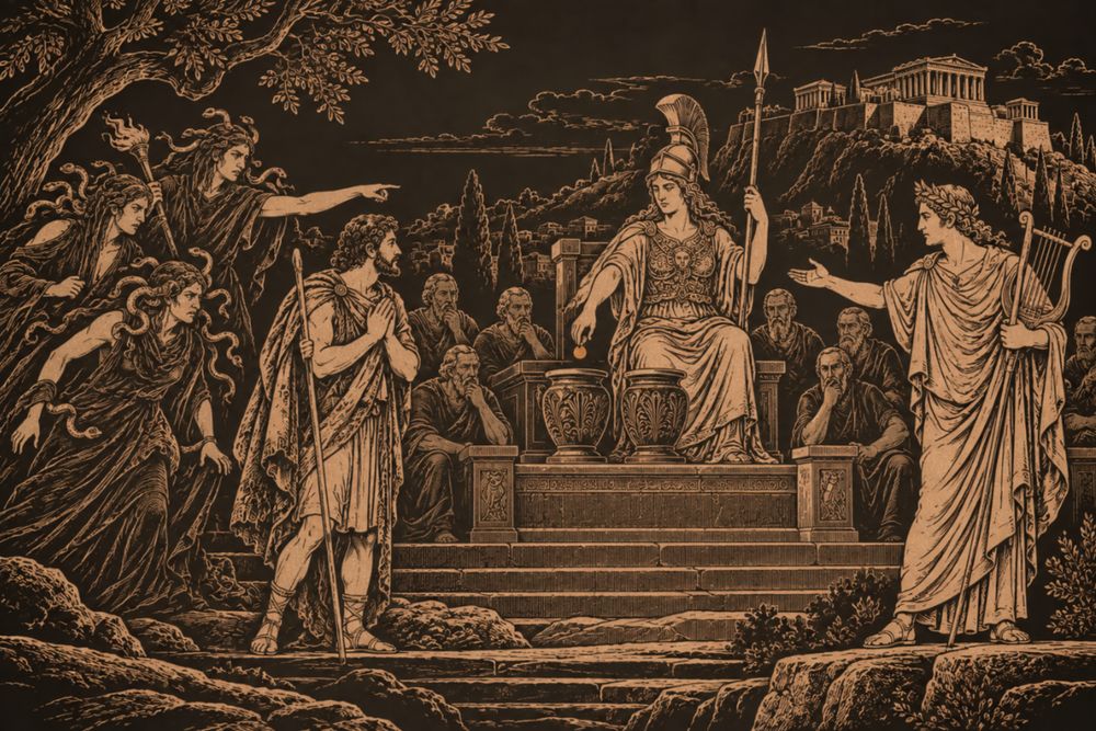On the Areopagus below the Acropolis, the Furies point accusingly at Orestes while Apollo defends him and the helmeted Athena drops a pebble into one of two voting urns