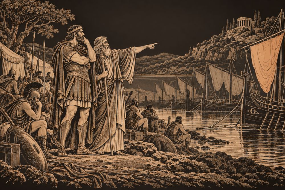 On the shore at Aulis the armoured Agamemnon stands grim beside the seer Calchas, who points to a hilltop shrine, while the fleet waits with slack sails