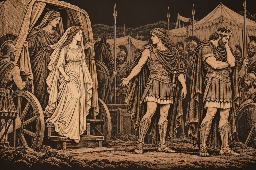 Iphigenia in a bridal veil and wreath steps down from a covered wagon behind her veiled mother, as Achilles turns to them and Agamemnon looks away