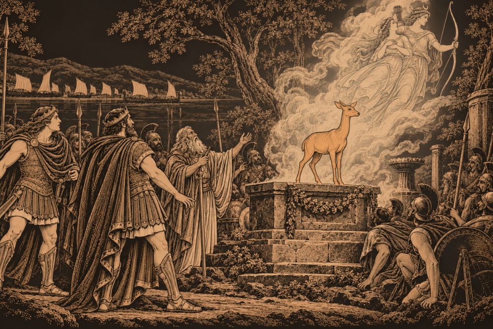 Before a stone altar in Artemis's grove, Achilles, Agamemnon and Calchas stare at a deer standing where Iphigenia was, as Artemis carries the girl away in a bright mist