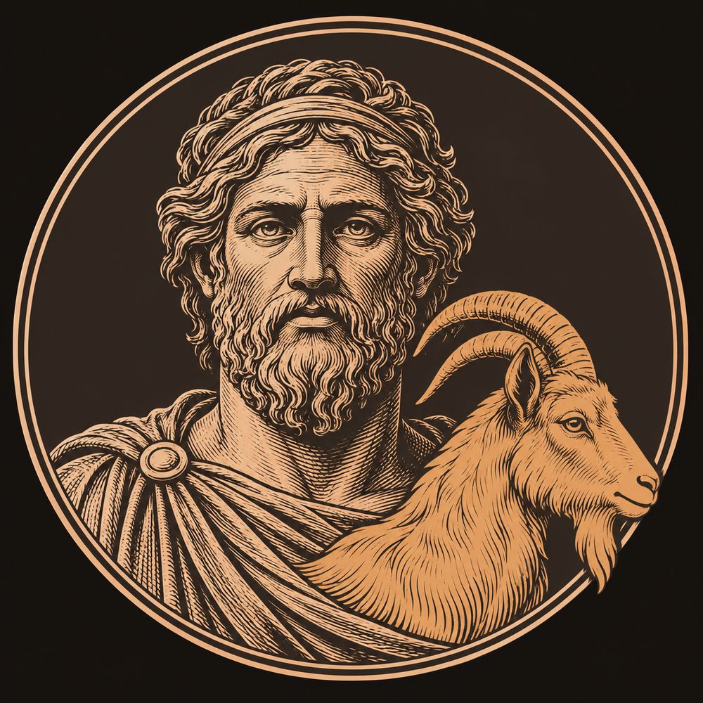 Circular bronze medallion showing an engraved goat head in profile with horns curving back, the goat rendered in solid bronze against a dark brown field inside a thin double frame