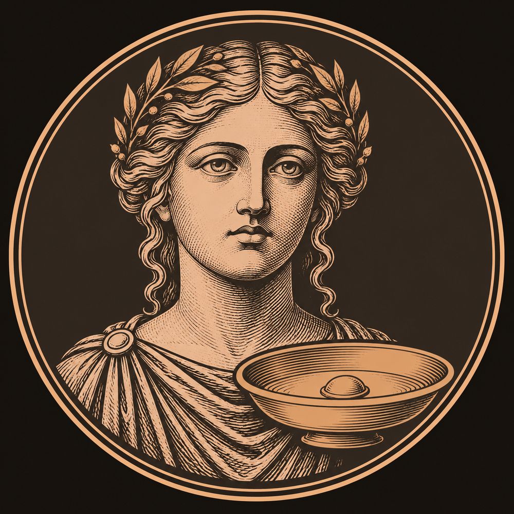A shallow round libation bowl seen at an angle, with a plain wide rim and a raised central boss, drawn in fine bronze lines on a dark field