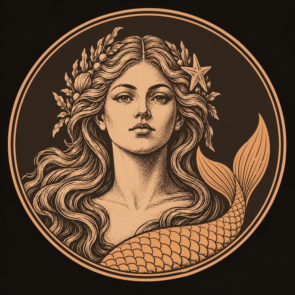 Bronze engraved medallion with a forward-facing woman's bust above a solid bronze fish tail with overlapping scales and a forked fin, set against a dark warm-brown field inside a thin concentric frame