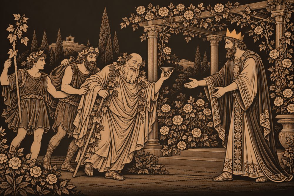 Country folk lead the old, ivy-wreathed Silenus, robed and unsteady, into a rose garden where the crowned King Midas welcomes him