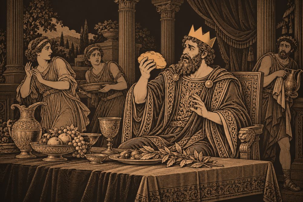 At a banquet table King Midas stares in dismay at the bread turned to gold in his hand while servants shrink back from him