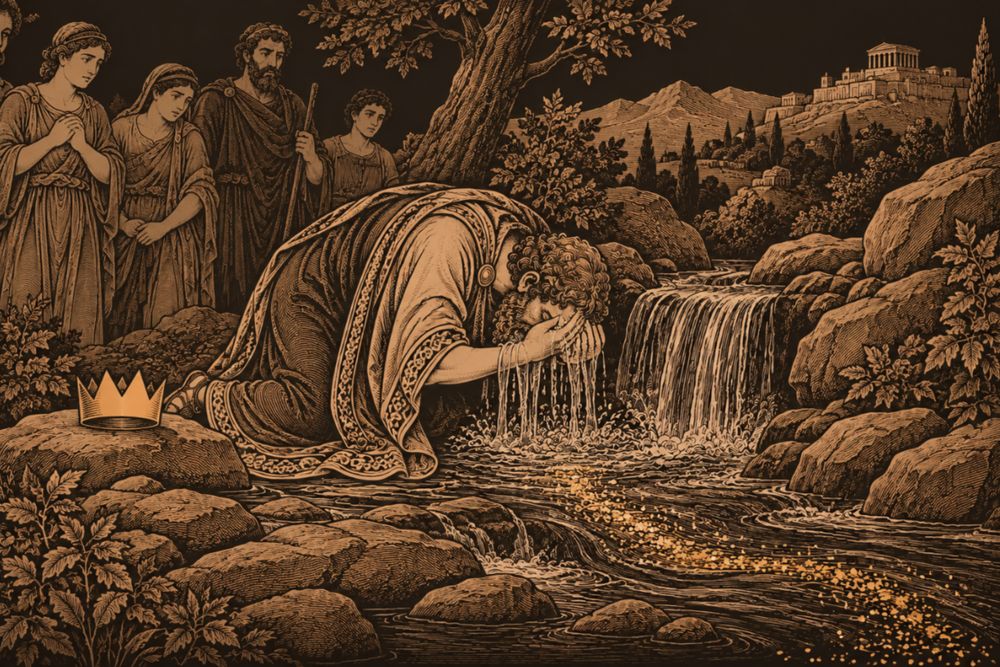 His crown set on a rock, King Midas kneels at a mountain spring and washes his face as gold dust streams away in the water, watched from the bank
