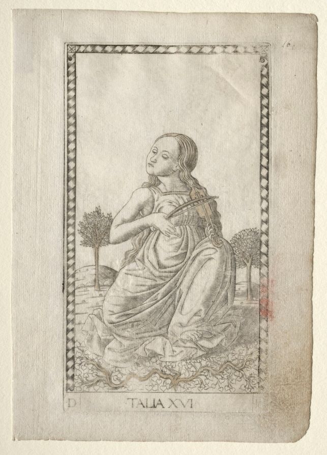 Thalia (comedy, pastoral poetry) (from the Tarocchi series D:  Apollo and the Muses, #16). Italy, Ferrara, 15th century, before 1467, engraving hand-colored with gold