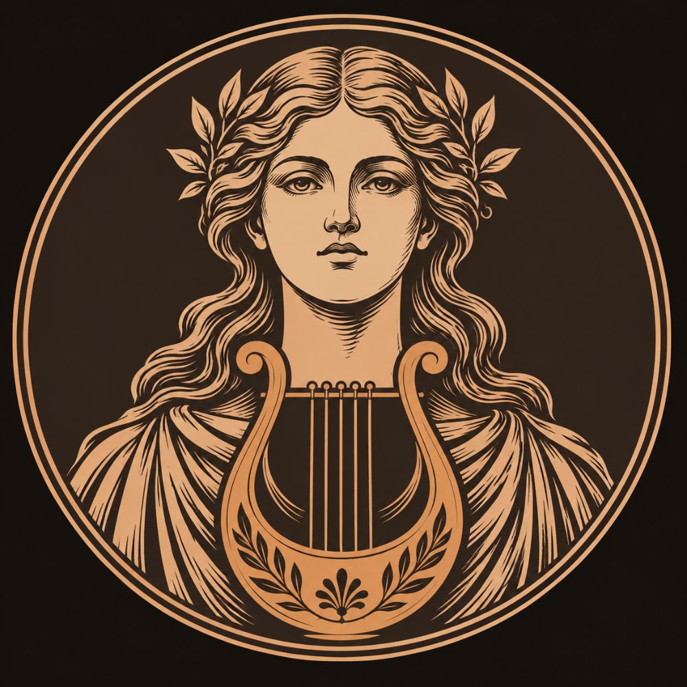 Engraved bronze instrument with a rounded sound box, two curved arms and taut strings, centred on a dark brown field inside a thin circular frame