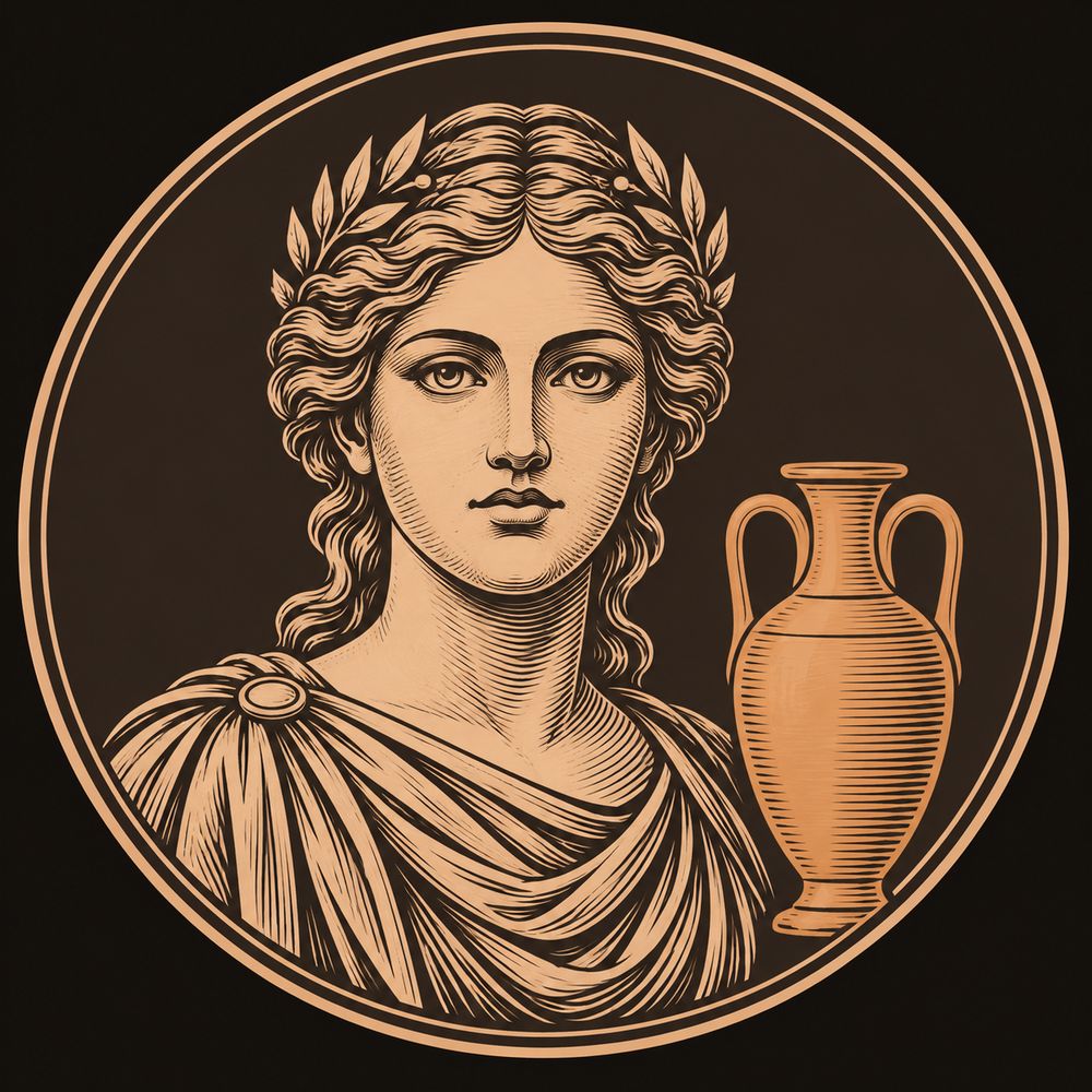 Forward-facing bust of a young nymph with hair bound back, engraved in fine bronze line within a circular dark field, with one solid bronze water jar set beside her shoulder