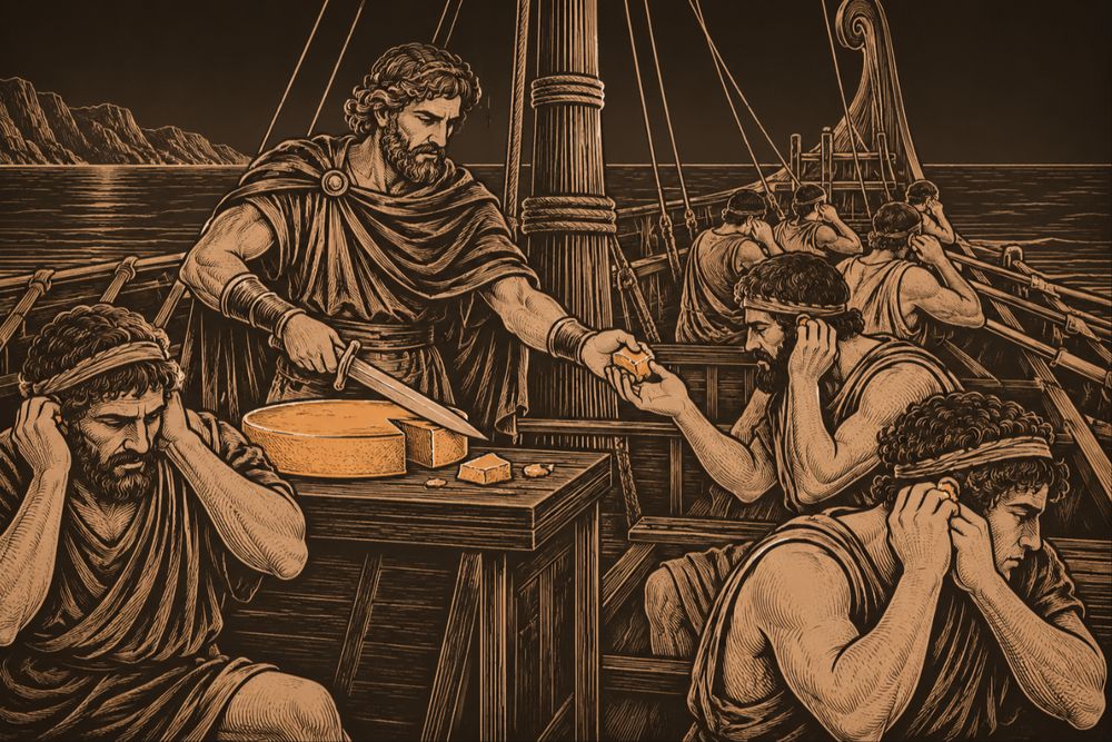On a becalmed ship Odysseus cuts a round cake of wax with his sword and hands the pieces to his crew, who press them into their ears