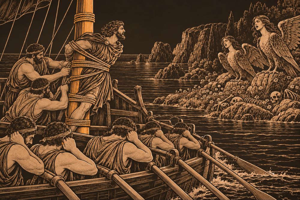 Odysseus strains against ropes binding him to the mast as his crew, ears stopped, row past two bird-bodied Sirens singing on a rocky shore strewn with bones