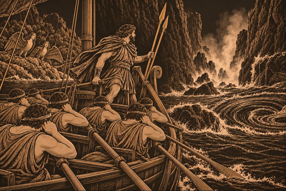 Odysseus, untied and holding two spears, stands at the prow as his crew row past the Sirens toward cliffs, spray and a churning whirlpool