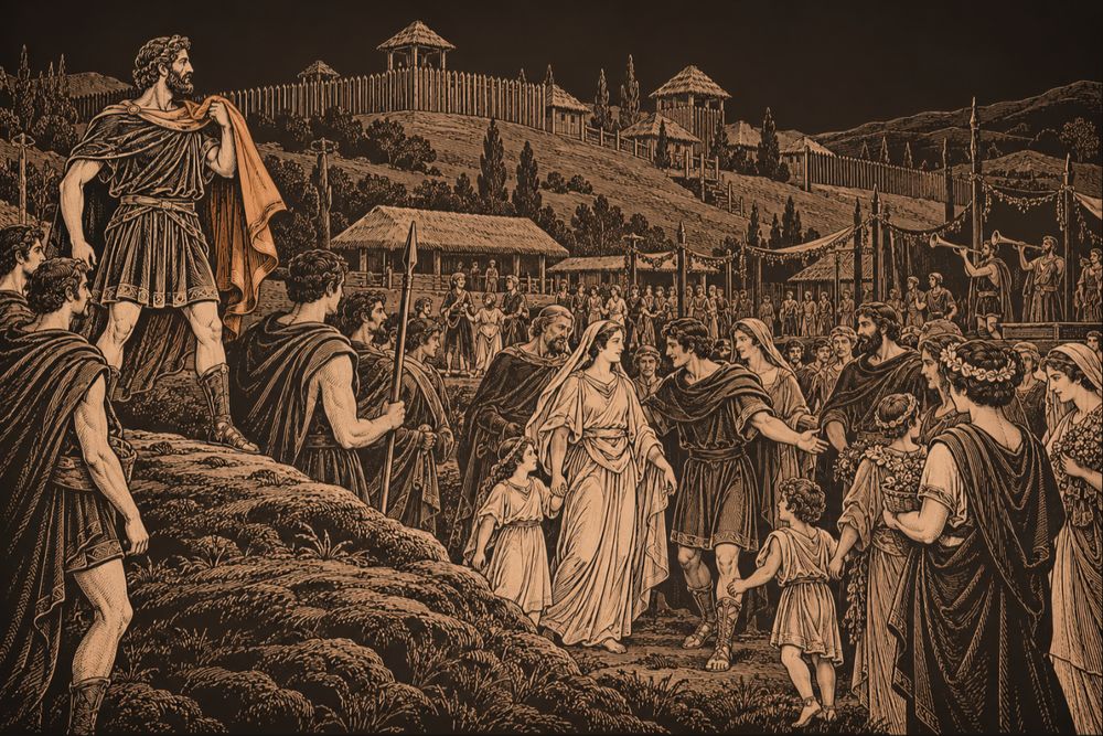 Sabine families in festival dress arrive for the games below the wooden palisade of early Rome while Romulus, standing on a rise, lifts his cloak to give the signal