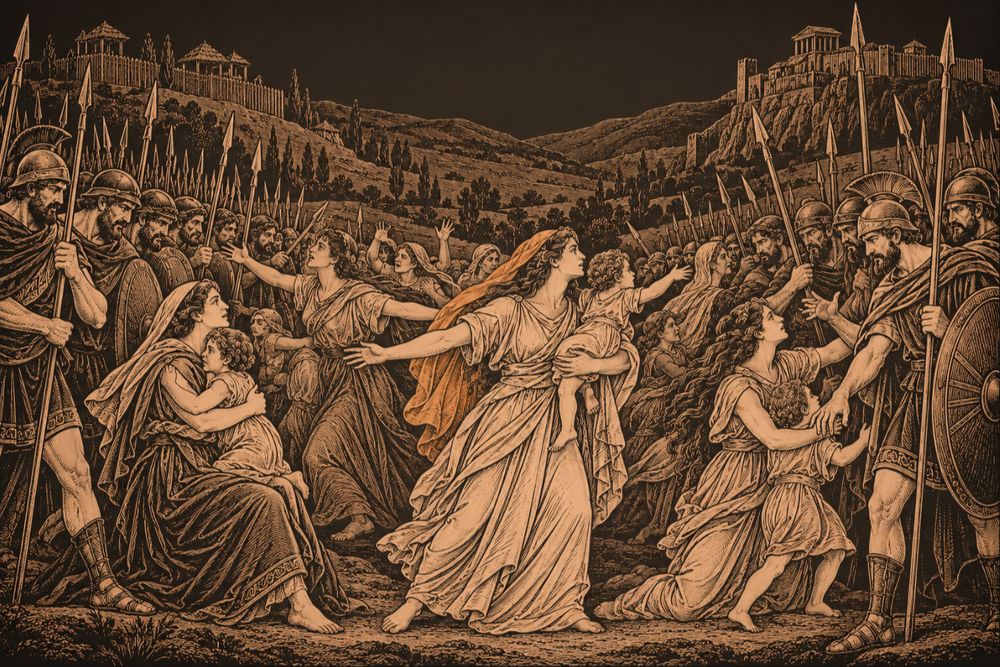 Between two lines of spearmen in a valley below the hills of Rome, Sabine women run forward holding up their children and plead with fathers and husbands to stop