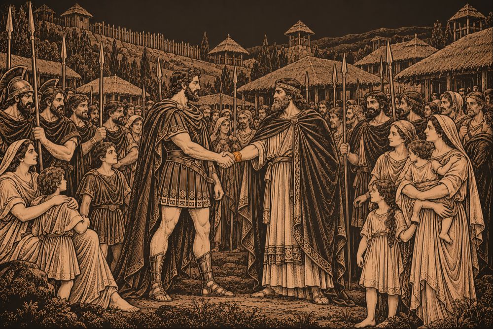 In an early Roman assembly place of thatched huts, Romulus and the Sabine king Titus Tatius clasp right hands while Romans, Sabines, women and children look on