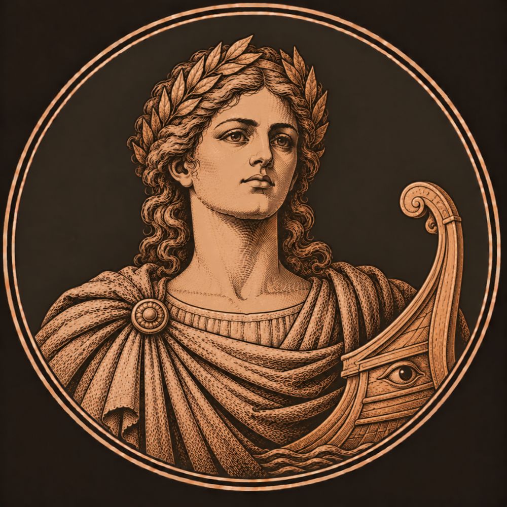 Engraved bronze medallion of Apollo as Rome honoured him, laurel-crowned in a Roman mantle, beside the prow of a warship