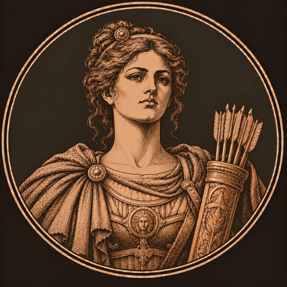 Engraved bronze medallion of Camilla, a young warrior woman in a cuirass and clasped hair, beside an upright quiver of arrows
