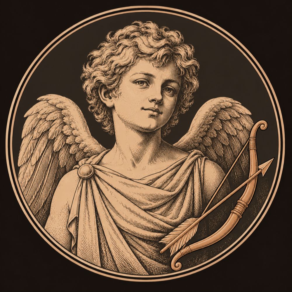Engraved bronze medallion of Cupid, a curly-haired winged boy in a draped tunic, beside a small bow and arrow