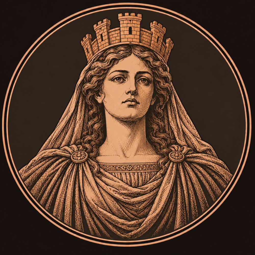 Engraved bronze medallion of Cybele, a serene veiled mother goddess wearing a bronze turreted crown shaped like city walls