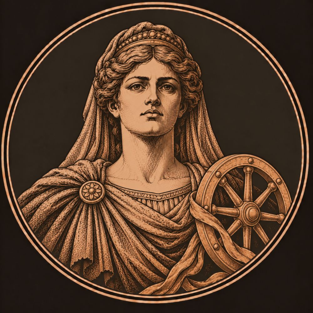 Engraved bronze medallion of Fortuna, a veiled woman in a draped mantle, with a spoked wheel standing upright beside her